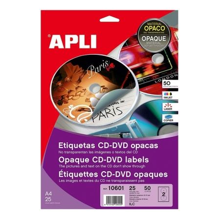 Apli Etiquetas Adhesivas para CD/DVD Tamaño Mega Dorso Opaco Blanco